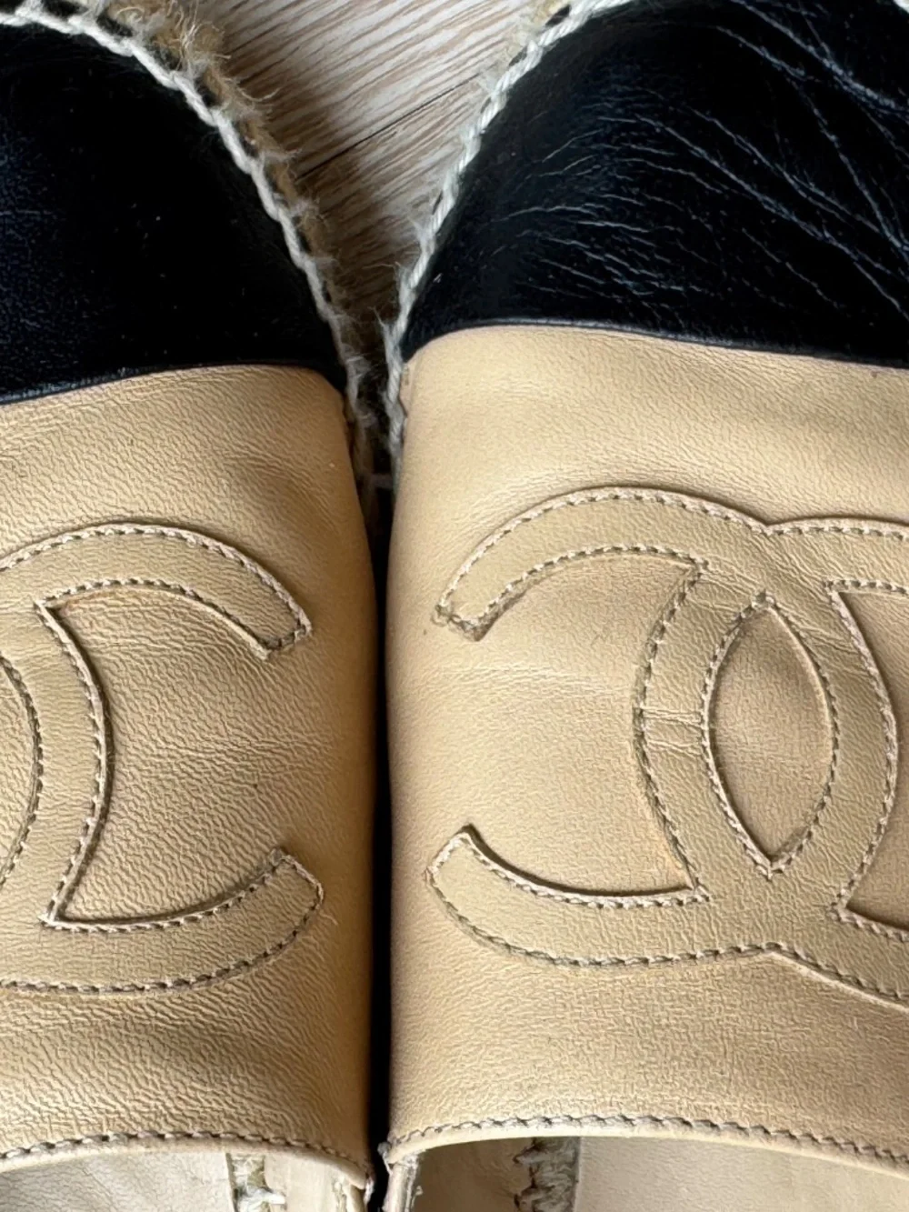 CHANEL Beige and Black Espadrille Flats